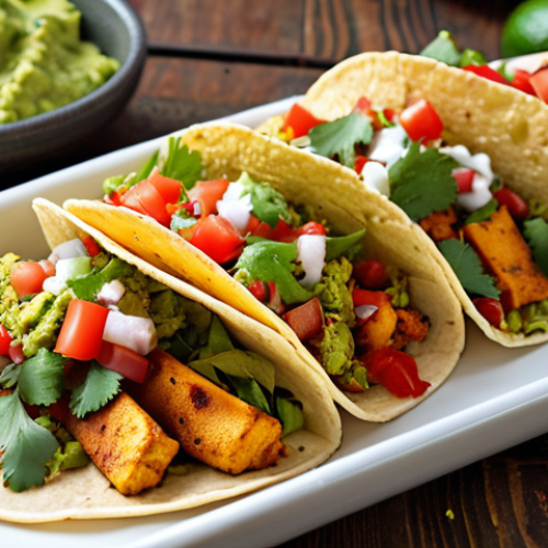 **Tofu Taco Fiesta:** A vibrant and colorful close-up shot of vegan tacos filled with marinated tofu (seasoned with paprika, cumin, and chili powder), topped with guacamole, pico de gallo, and fresh cilantro. Focus on the textures and colors to emphasize the deliciousness of the vegan ingredients.