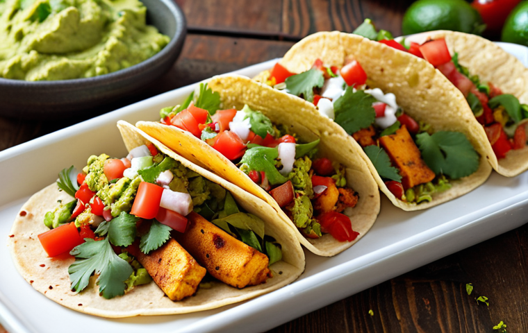 **Tofu Taco Fiesta:** A vibrant and colorful close-up shot of vegan tacos filled with marinated tofu (seasoned with paprika, cumin, and chili powder), topped with guacamole, pico de gallo, and fresh cilantro. Focus on the textures and colors to emphasize the deliciousness of the vegan ingredients.