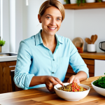 A serene woman in a modest, comfortable professional casual outfit, gently holding a vibrant bowl of a healthy plant-based meal. The meal features colorful quinoa, chickpeas, and fresh, crisp vegetables, artfully arranged. She is seated at a polished wooden table in a bright, modern kitchen, illuminated by soft, natural light. The overall scene conveys a strong sense of well-being, sustained energy, and nourishing culinary enjoyment. fully clothed, appropriate attire, safe for work, perfect anatomy, correct proportions, natural pose, well-formed hands, proper finger count, natural body proportions, professional, family-friendly, high quality studio photography, detailed.