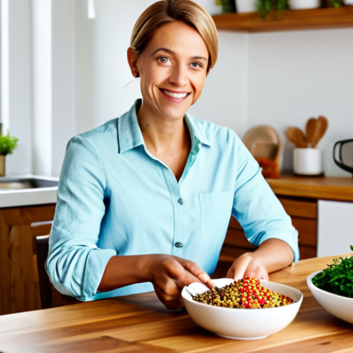 A serene woman in a modest, comfortable professional casual outfit, gently holding a vibrant bowl of a healthy plant-based meal. The meal features colorful quinoa, chickpeas, and fresh, crisp vegetables, artfully arranged. She is seated at a polished wooden table in a bright, modern kitchen, illuminated by soft, natural light. The overall scene conveys a strong sense of well-being, sustained energy, and nourishing culinary enjoyment. fully clothed, appropriate attire, safe for work, perfect anatomy, correct proportions, natural pose, well-formed hands, proper finger count, natural body proportions, professional, family-friendly, high quality studio photography, detailed.