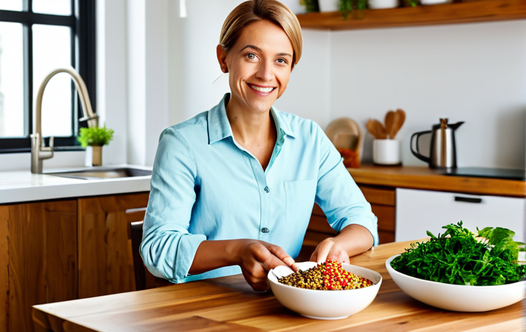 A serene woman in a modest, comfortable professional casual outfit, gently holding a vibrant bowl of a healthy plant-based meal. The meal features colorful quinoa, chickpeas, and fresh, crisp vegetables, artfully arranged. She is seated at a polished wooden table in a bright, modern kitchen, illuminated by soft, natural light. The overall scene conveys a strong sense of well-being, sustained energy, and nourishing culinary enjoyment. fully clothed, appropriate attire, safe for work, perfect anatomy, correct proportions, natural pose, well-formed hands, proper finger count, natural body proportions, professional, family-friendly, high quality studio photography, detailed.