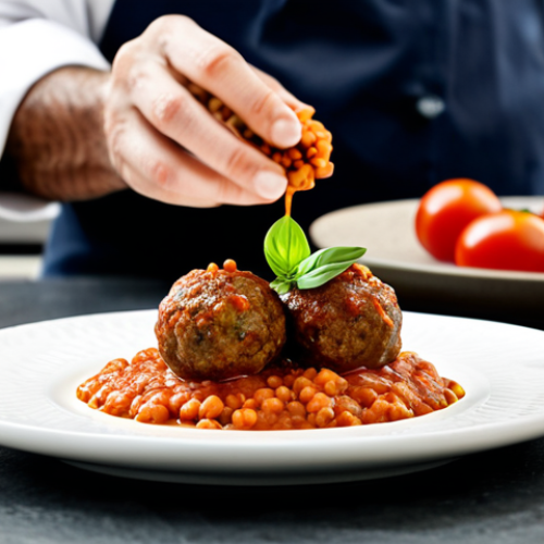 Home 19 Gourmet Lentil and Walnut Meatballs**
"Close-up shot of beautifully plated red lentil and walnut meatballs, served with homemade tomato sauce and fresh basil, fully clothed chef in background preparing dish, safe for work, appropriate content, professional food photography, perfect anatomy (chef), natural lighting, high resolution, modest presentation, well-formed hands (chef)."
**