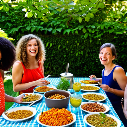 Home 18 **
A diverse group of friends enjoying a vegan potluck in a sunny Italian garden. There are colorful dishes featuring tofu, lentils, chickpeas, seitan, and tempeh. Everyone is fully clothed in appropriate summer attire. The atmosphere is joyful and inclusive. Safe for work, appropriate content, fully clothed, family-friendly, professional photography, perfect anatomy, correct proportions, natural pose.
**