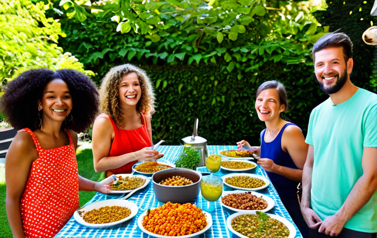 **

A diverse group of friends enjoying a vegan potluck in a sunny Italian garden.  There are colorful dishes featuring tofu, lentils, chickpeas, seitan, and tempeh. Everyone is fully clothed in appropriate summer attire.  The atmosphere is joyful and inclusive.  Safe for work, appropriate content, fully clothed, family-friendly, professional photography, perfect anatomy, correct proportions, natural pose.

**