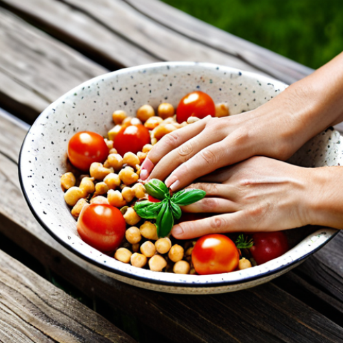 Home 17 대체 단백질 요리법으로 만드는 방울토마토 샐러드 - Tomato & Chickpea Salad**
"A vibrant and colorful salad featuring ripe cherry tomatoes, crispy bake...