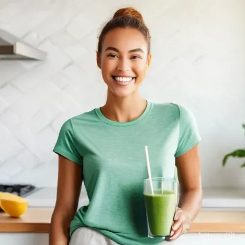 Home 4 대체 단백질 요리법으로 만드는 과일 스무디 - **Prompt:** A vibrant, cheerful young woman, aged mid-20s, with a warm smile, enjoying a refreshing ...