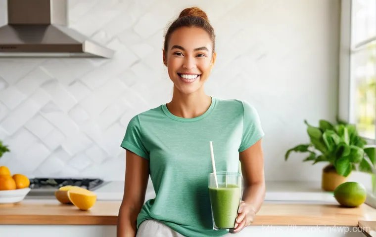 대체 단백질 요리법으로 만드는 과일 스무디 - **Prompt:** A vibrant, cheerful young woman, aged mid-20s, with a warm smile, enjoying a refreshing ...